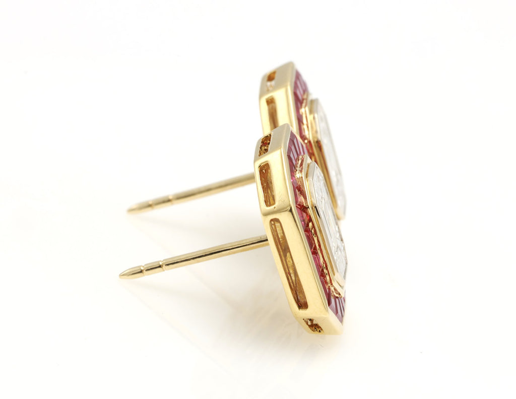 Pigeon Blood Ruby & Illusion Diamond Earrings in 18K yellow gold — view 6