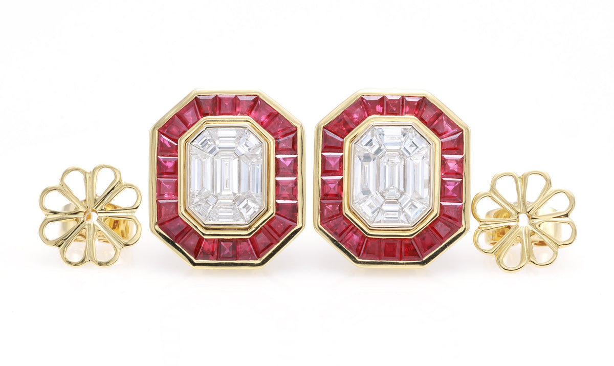 Pigeon Blood Ruby & Illusion Diamond Earrings in 18K yellow gold — view 7