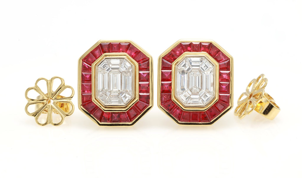 Pigeon Blood Ruby & Illusion Diamond Earrings in 18K yellow gold — view 8