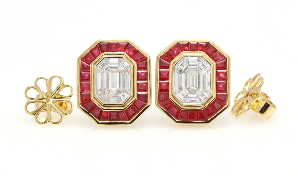 Pigeon Blood Ruby & Illusion Diamond Earrings in 18K yellow gold — view 8