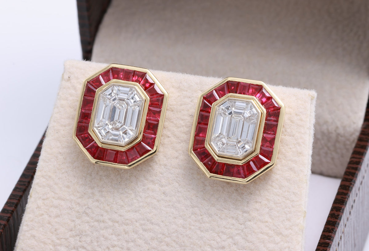 Pigeon Blood Ruby & Illusion Diamond Earrings in 18K yellow gold — view 9