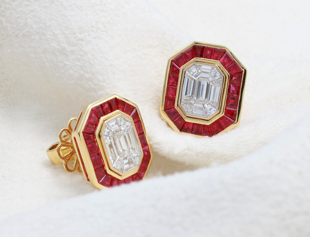 Pigeon Blood Ruby & Illusion Diamond Earrings in 18K yellow gold — view 10
