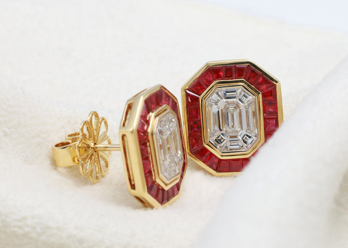 Pigeon Blood Ruby & Illusion Diamond Earrings in 18K yellow gold — view 11