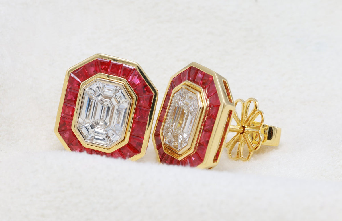 Pigeon Blood Ruby & Illusion Diamond Earrings in 18K yellow gold — view 12