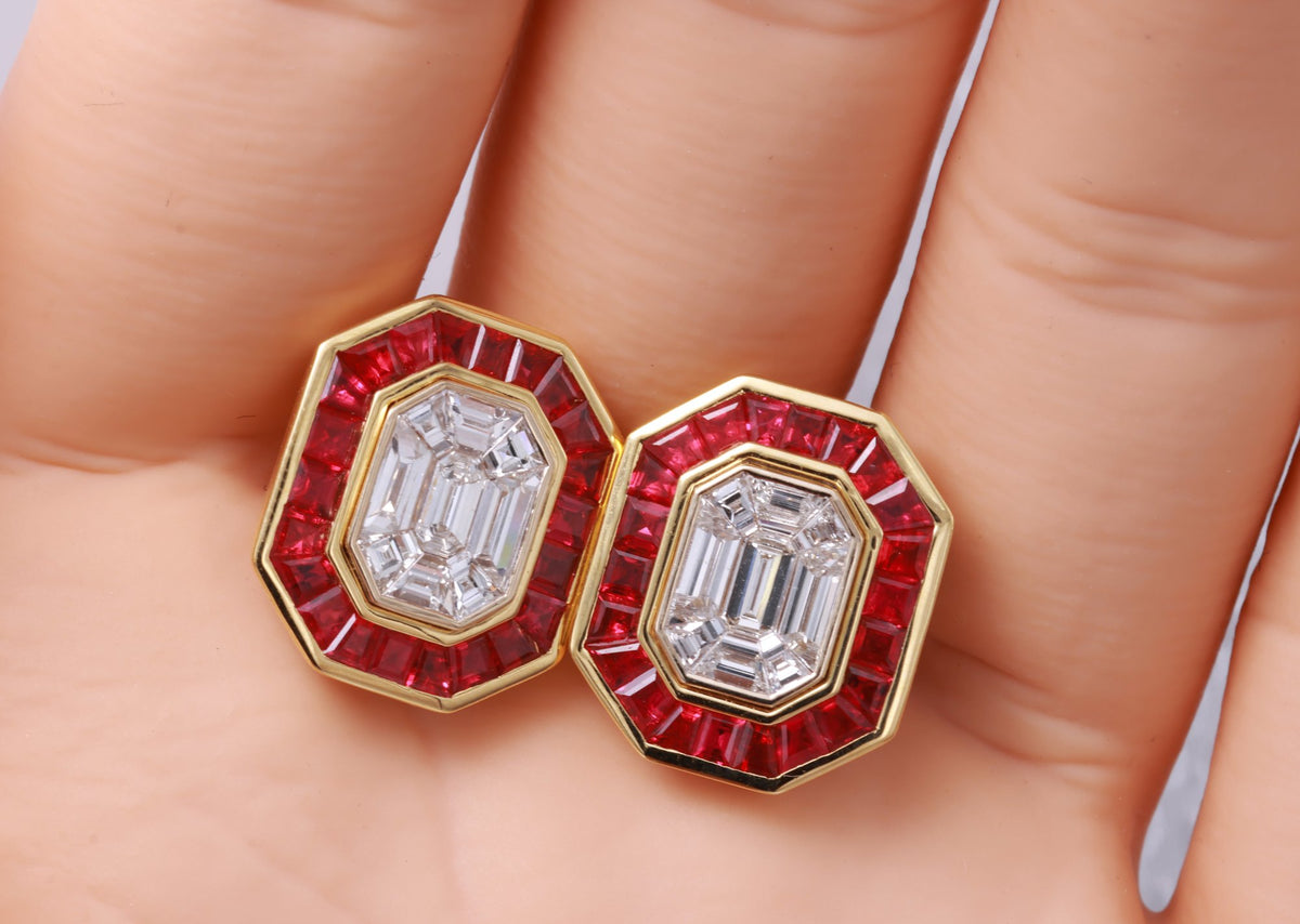 Pigeon Blood Ruby & Illusion Diamond Earrings in 18K yellow gold — view 13