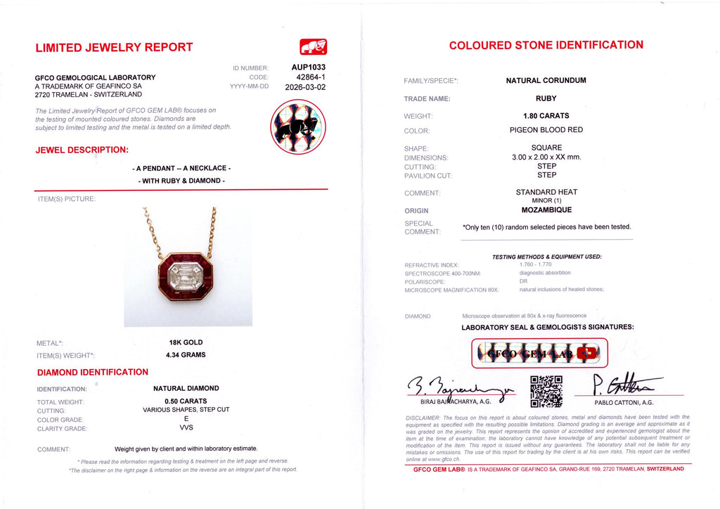 Pigeon Blood Ruby & Illusion Diamond Pendant — GFCO laboratory report