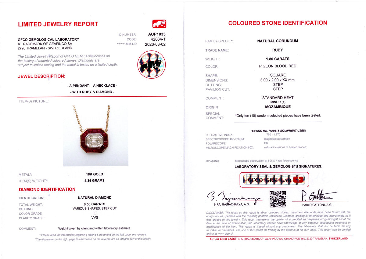 Pigeon Blood Ruby & Illusion Diamond Pendant — GFCO laboratory report