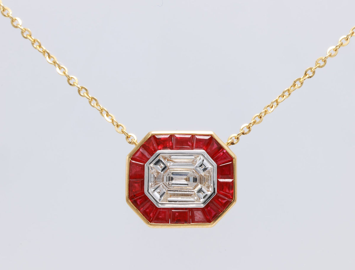 Pigeon Blood Ruby & Illusion Diamond Pendant in 18K yellow gold — view 1