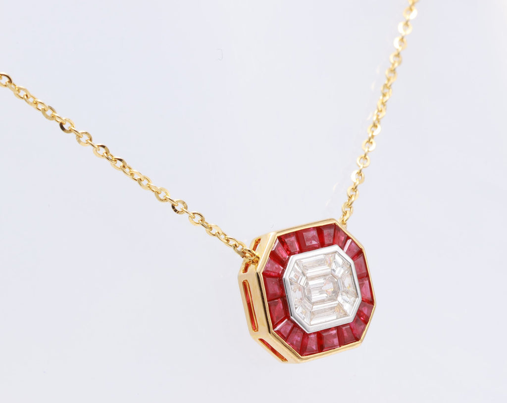 Pigeon Blood Ruby & Illusion Diamond Pendant in 18K yellow gold — view 2