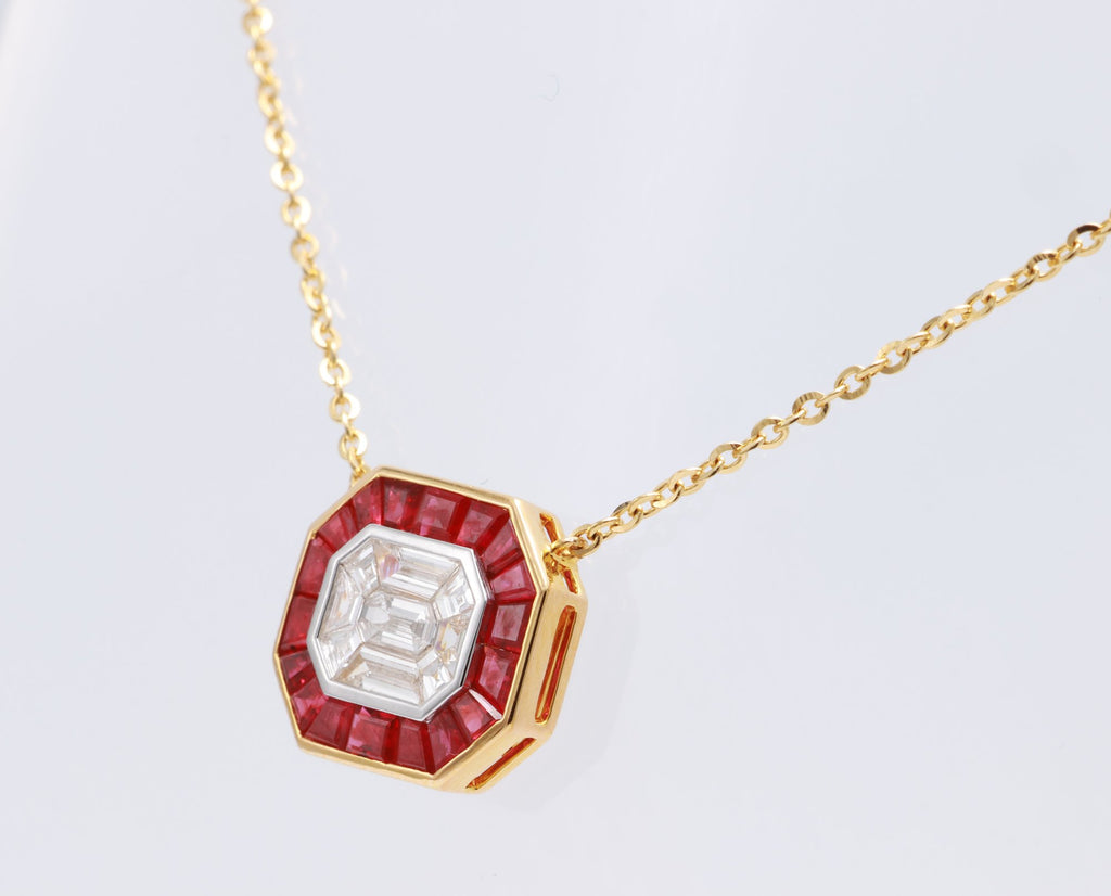 Pigeon Blood Ruby & Illusion Diamond Pendant in 18K yellow gold — view 3