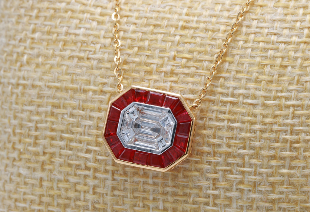 Pigeon Blood Ruby & Illusion Diamond Pendant in 18K yellow gold — view 4