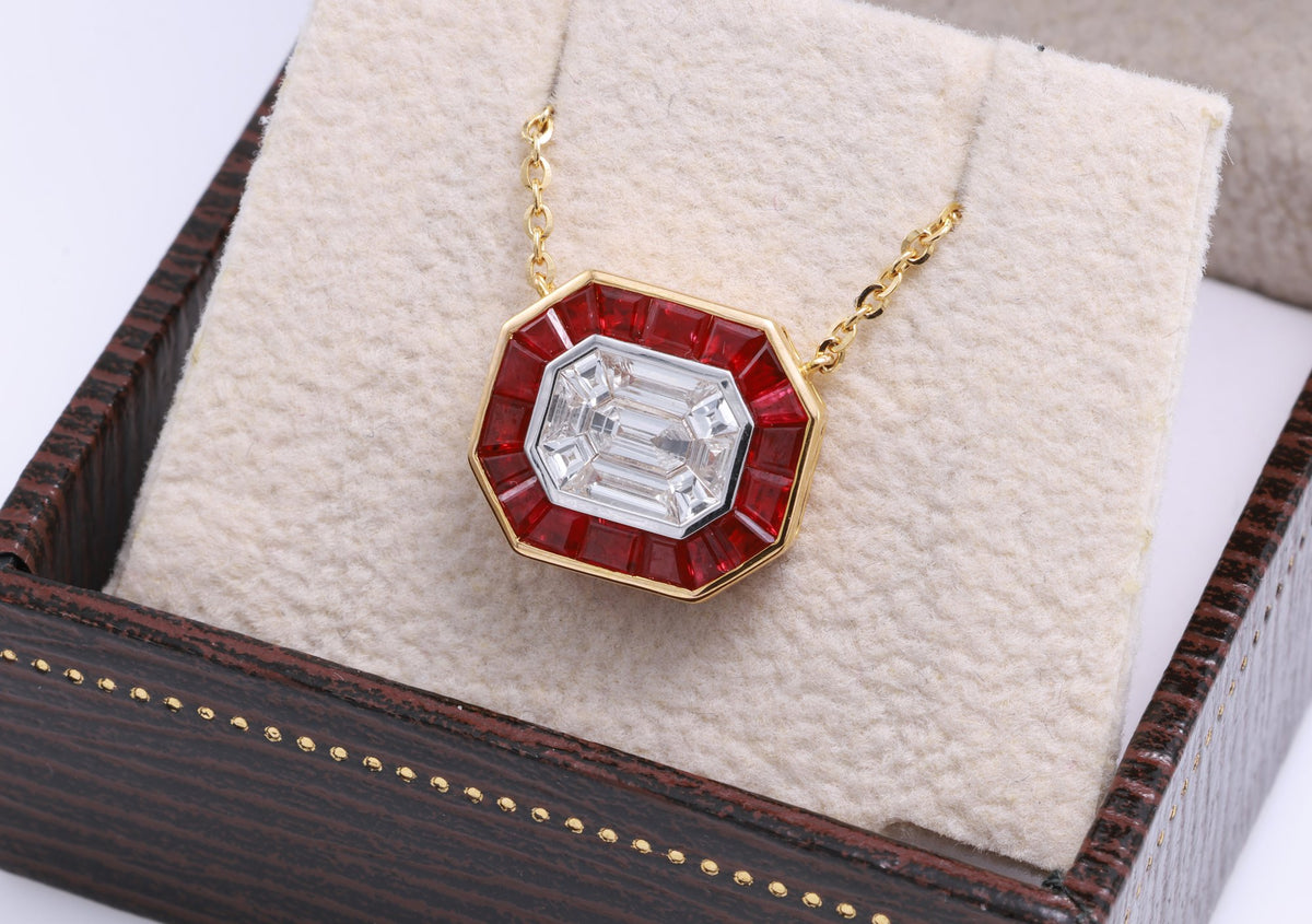 Pigeon Blood Ruby & Illusion Diamond Pendant in 18K yellow gold — view 5