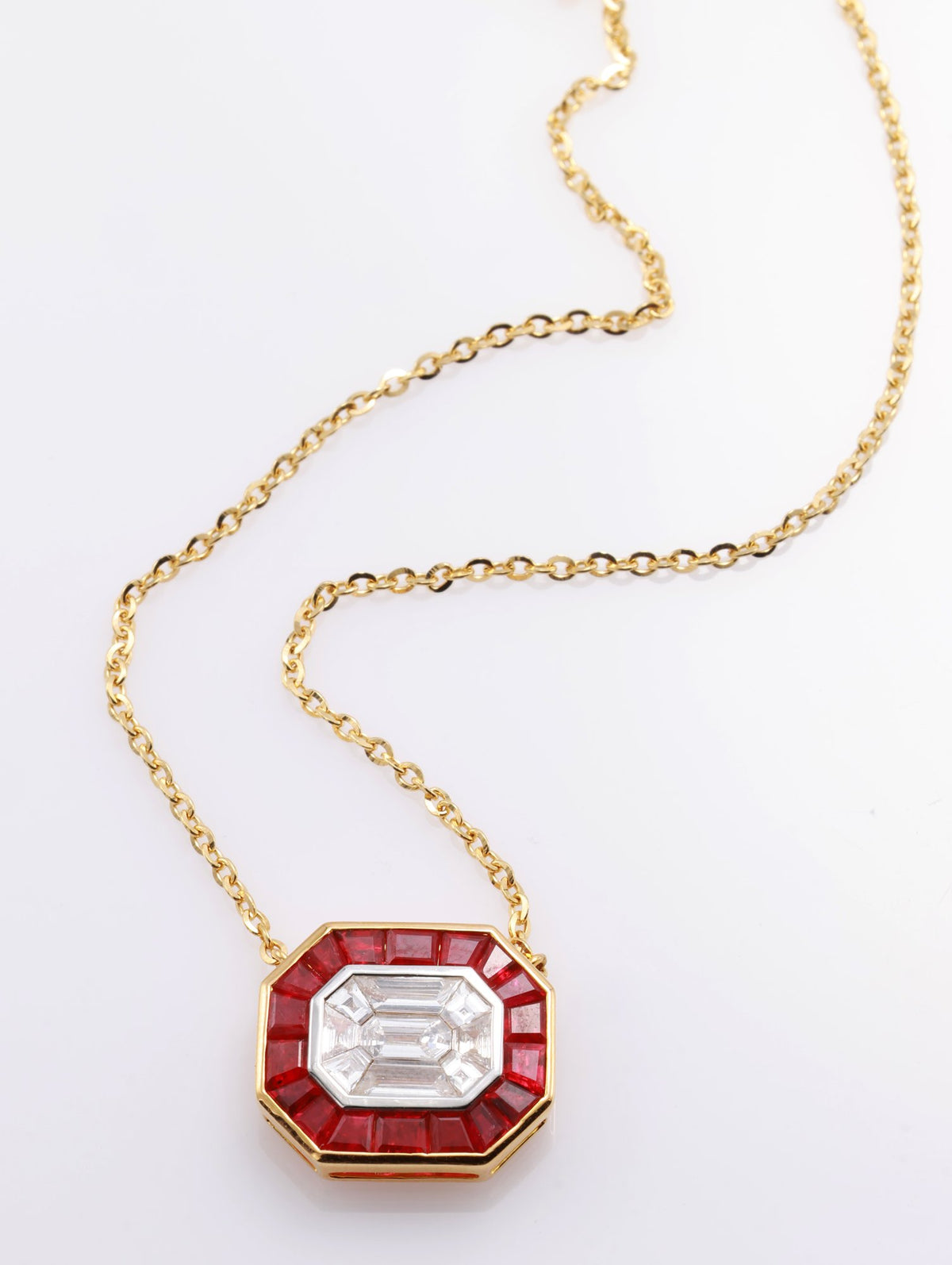 Pigeon Blood Ruby & Illusion Diamond Pendant in 18K yellow gold — view 6