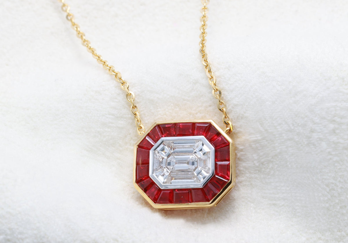 Pigeon Blood Ruby & Illusion Diamond Pendant in 18K yellow gold — view 7