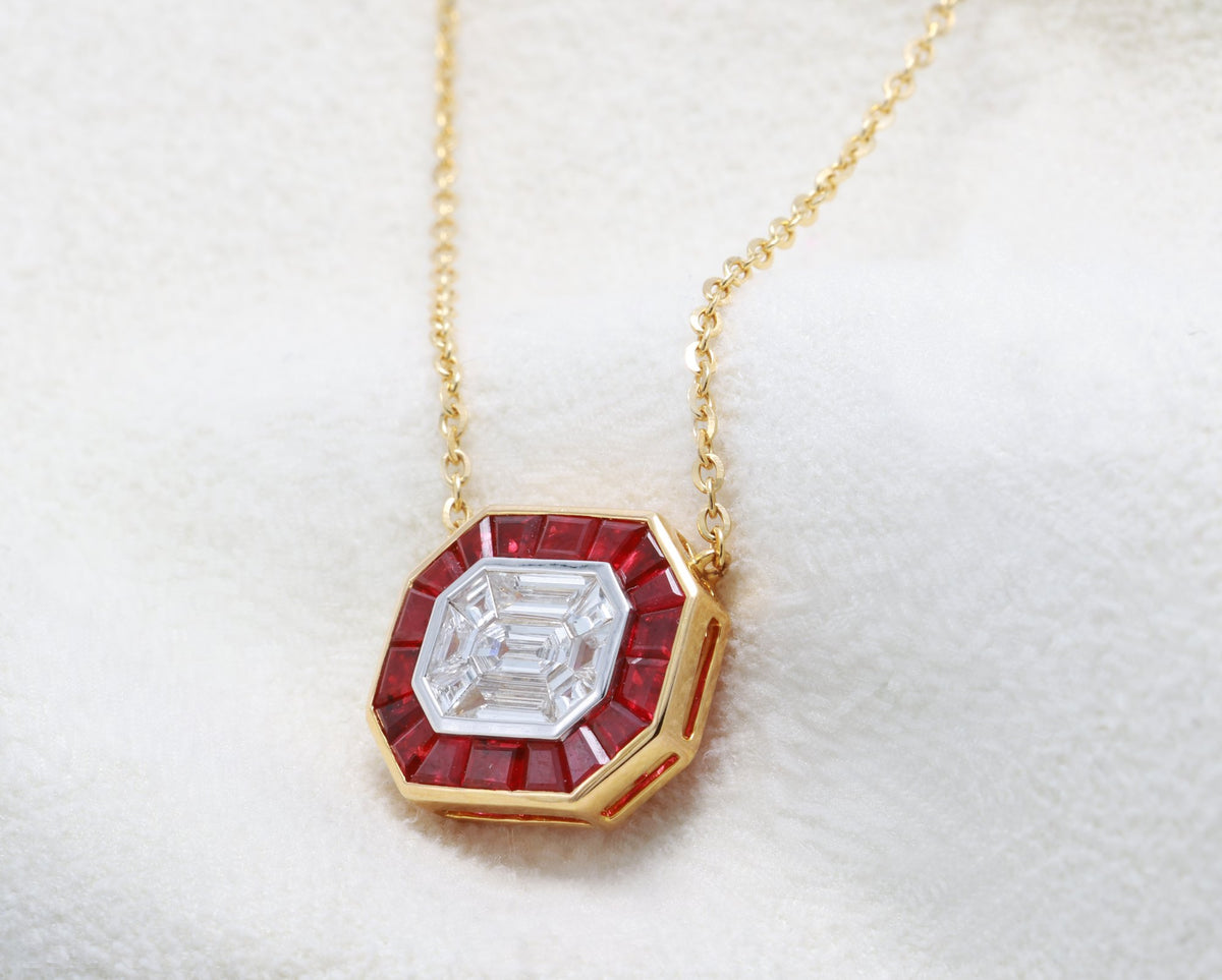Pigeon Blood Ruby & Illusion Diamond Pendant in 18K yellow gold — view 8