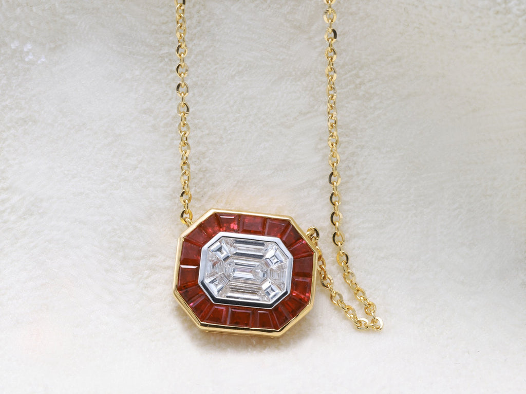 Pigeon Blood Ruby & Illusion Diamond Pendant in 18K yellow gold — view 9