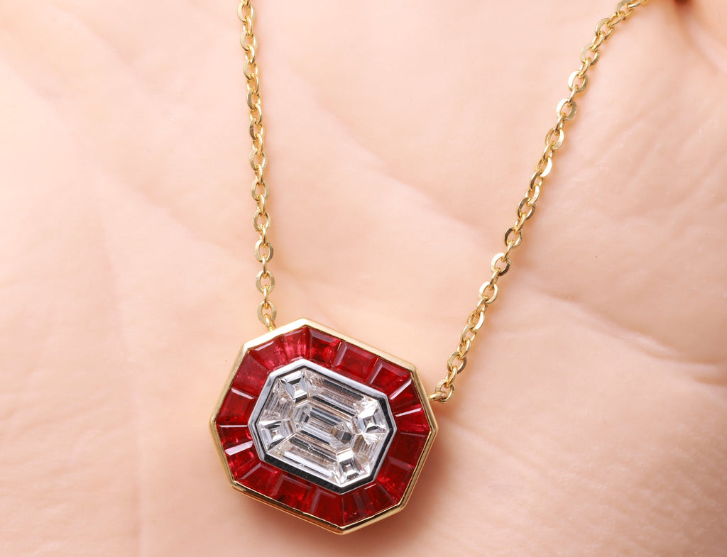Pigeon Blood Ruby & Illusion Diamond Pendant in 18K yellow gold — view 10
