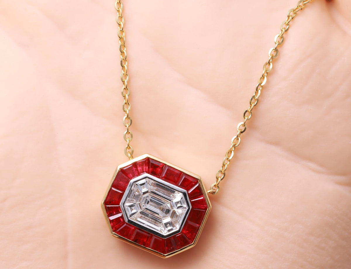 Pigeon Blood Ruby & Illusion Diamond Pendant in 18K yellow gold — view 10