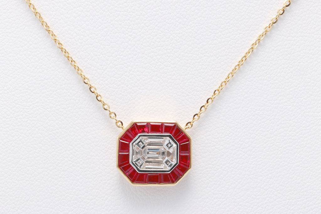Pigeon Blood Ruby & Illusion Diamond Pendant in 18K yellow gold — view 11