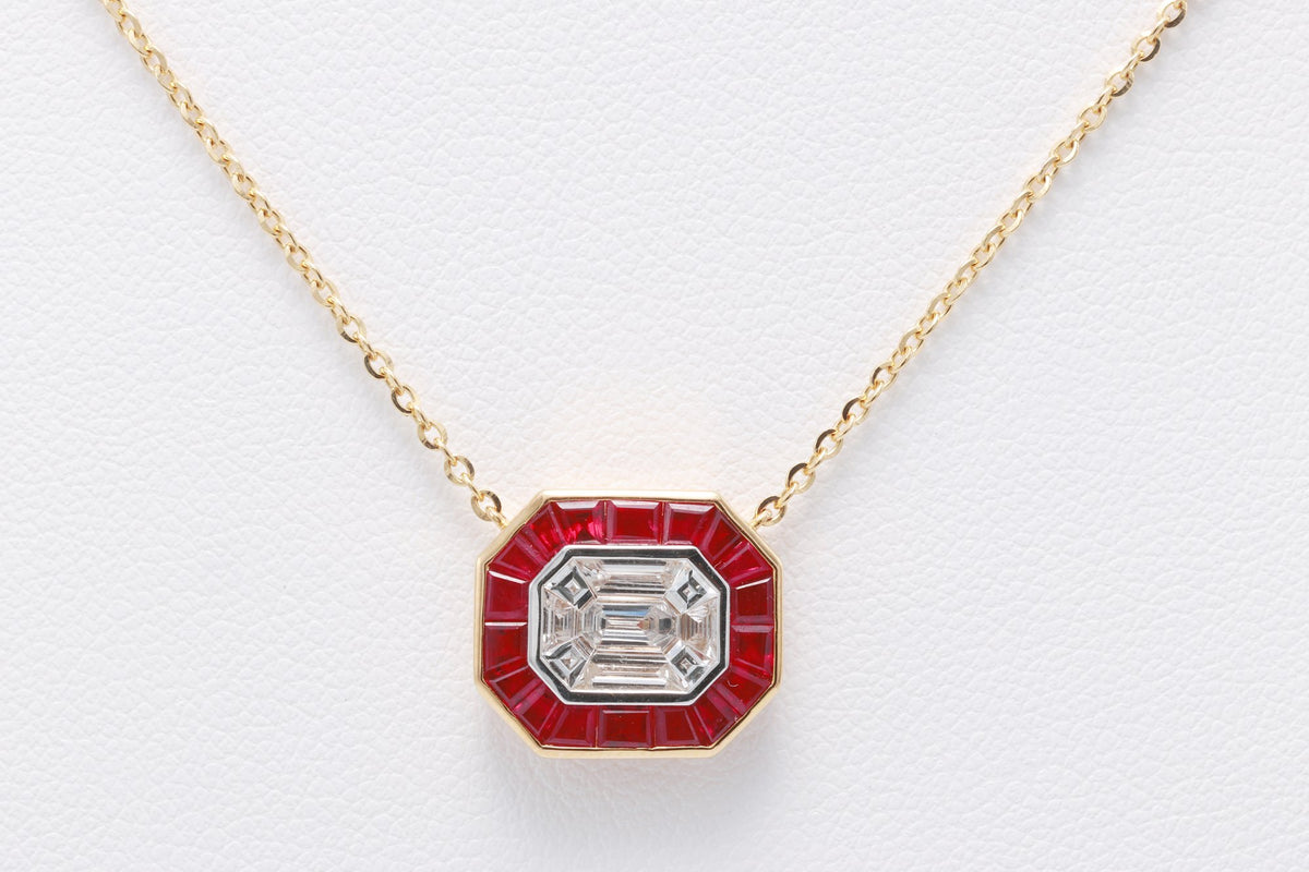 Pigeon Blood Ruby & Illusion Diamond Pendant in 18K yellow gold — view 11