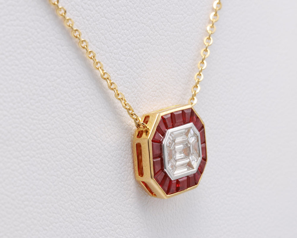 Pigeon Blood Ruby & Illusion Diamond Pendant in 18K yellow gold — view 12