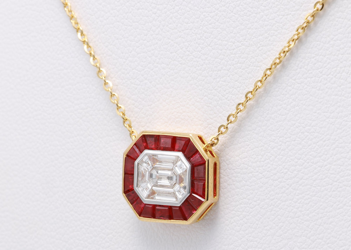 Pigeon Blood Ruby & Illusion Diamond Pendant in 18K yellow gold — view 13