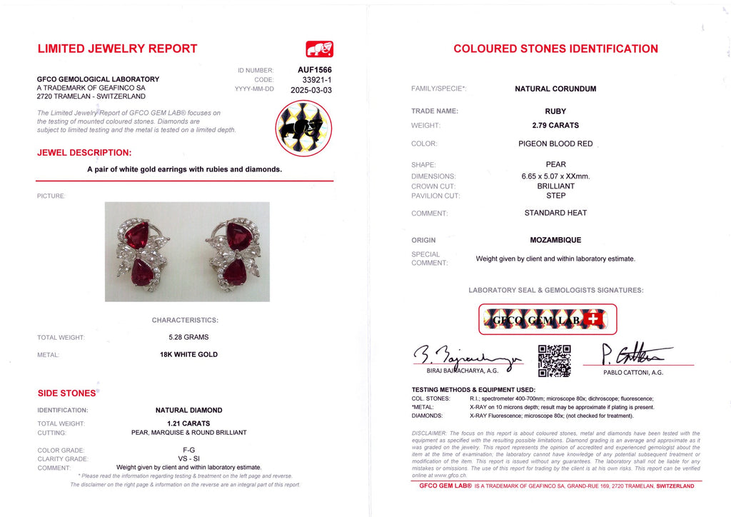 Pigeon Blood Ruby & Marquise Diamond Earrings — GFCO laboratory report