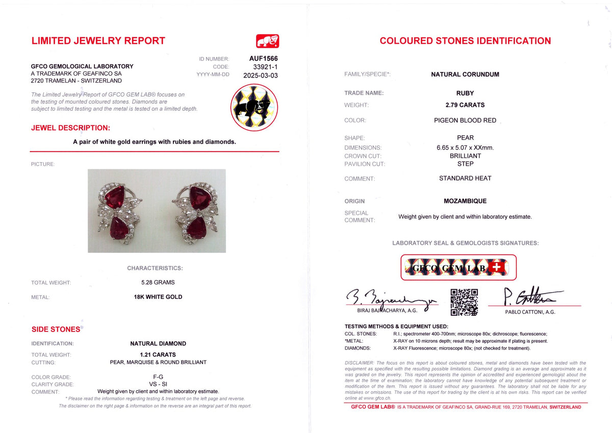 Pigeon Blood Ruby & Marquise Diamond Earrings — GFCO laboratory report