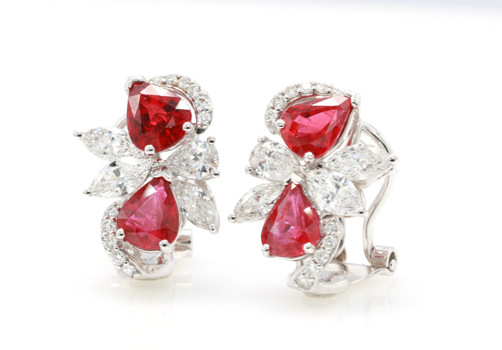 Pigeon Blood Ruby & Marquise Diamond Earrings in 18K white gold — view 2