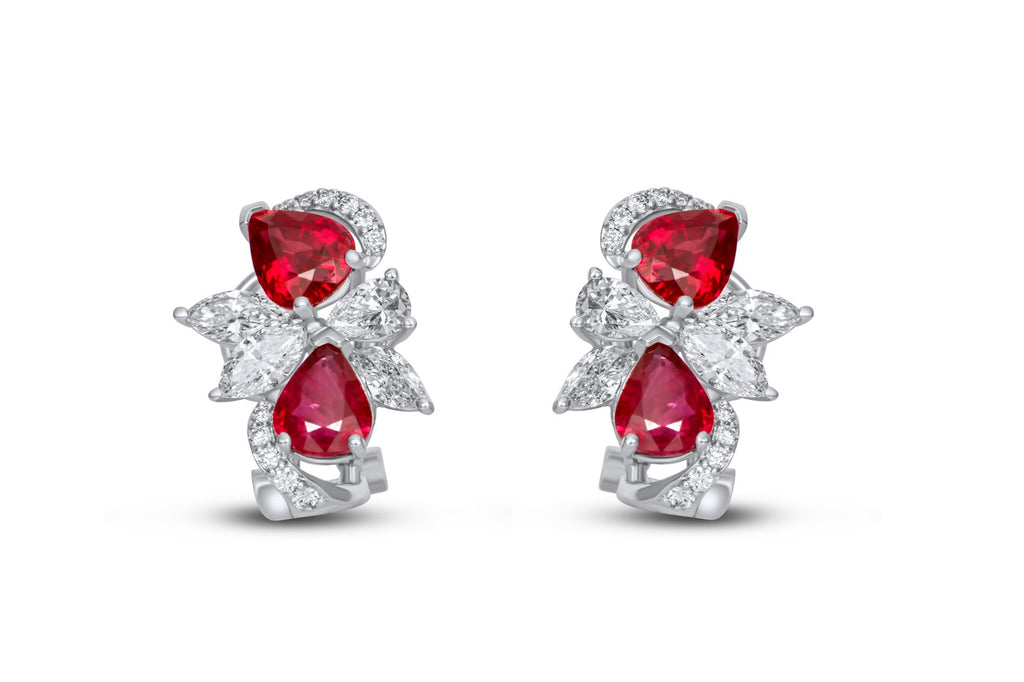 Pigeon Blood Ruby & Marquise Diamond Earrings in 18K white gold — view 3