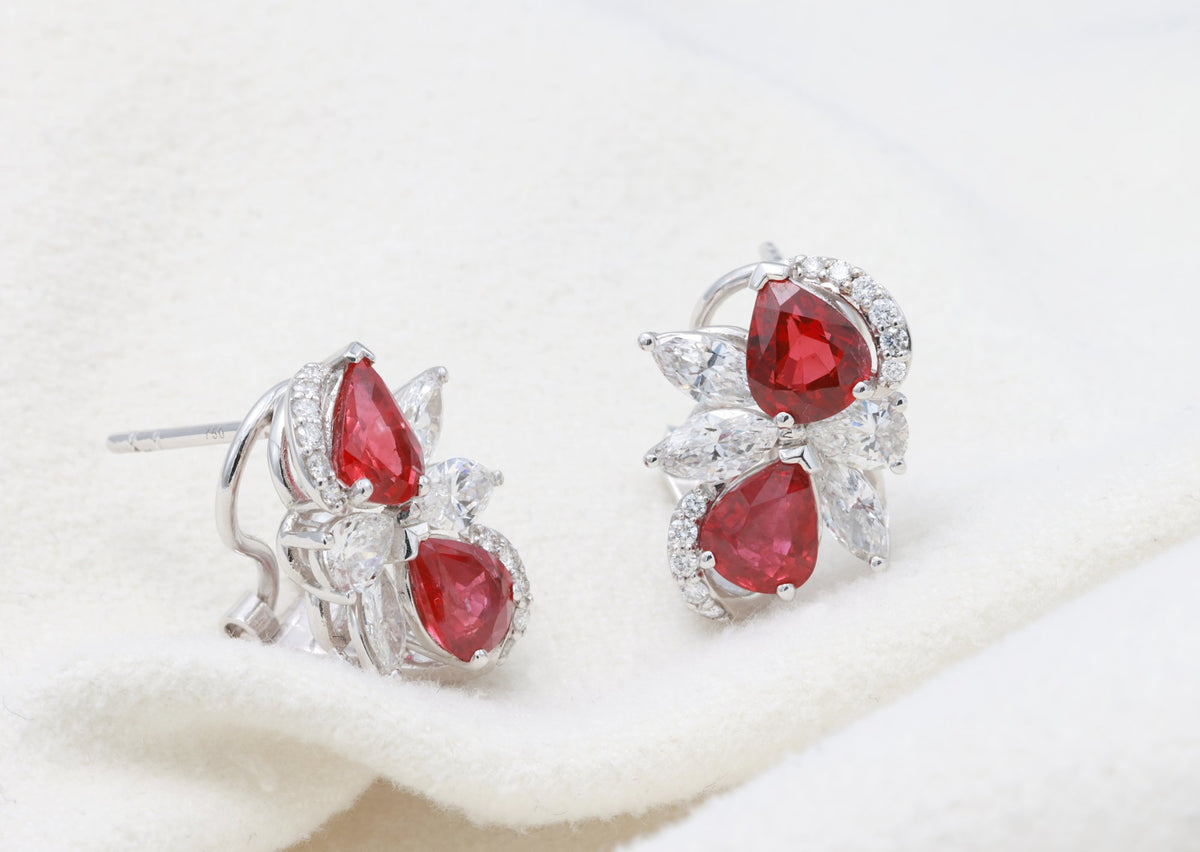 Pigeon Blood Ruby & Marquise Diamond Earrings in 18K white gold — view 6