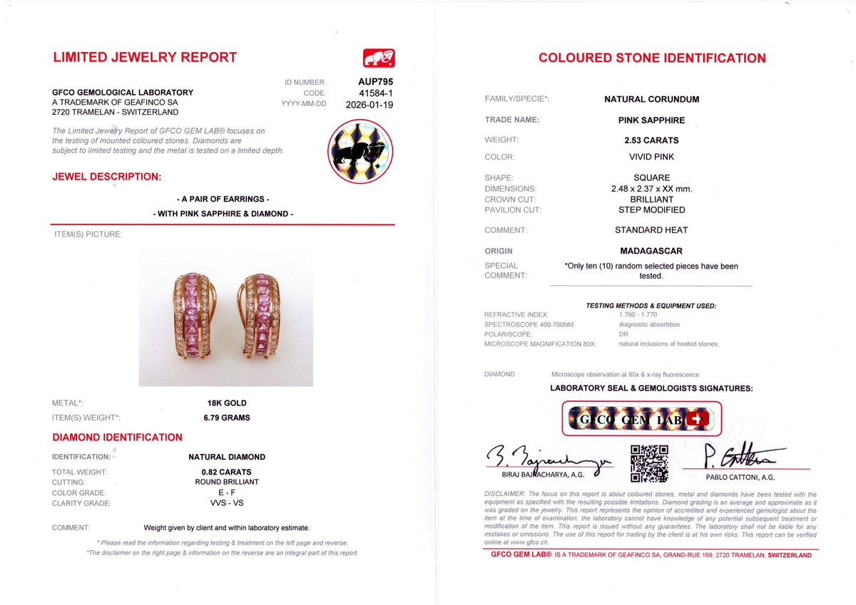 Pink Sapphire Channel Huggie Earrings — GFCO laboratory report