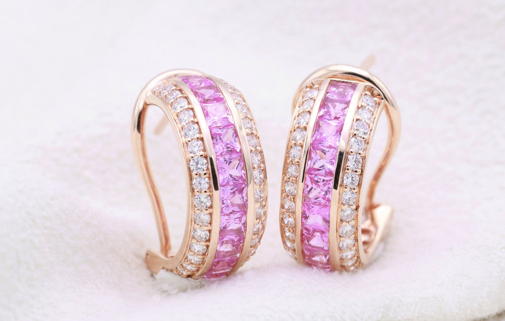Pink Sapphire Channel Huggie Earrings in 18K rose gold — view 1