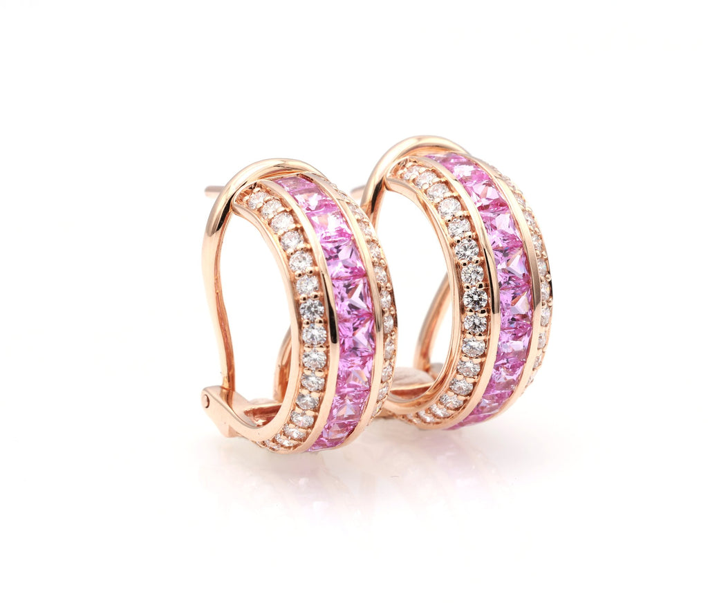 Pink Sapphire Channel Huggie Earrings in 18K rose gold — view 2