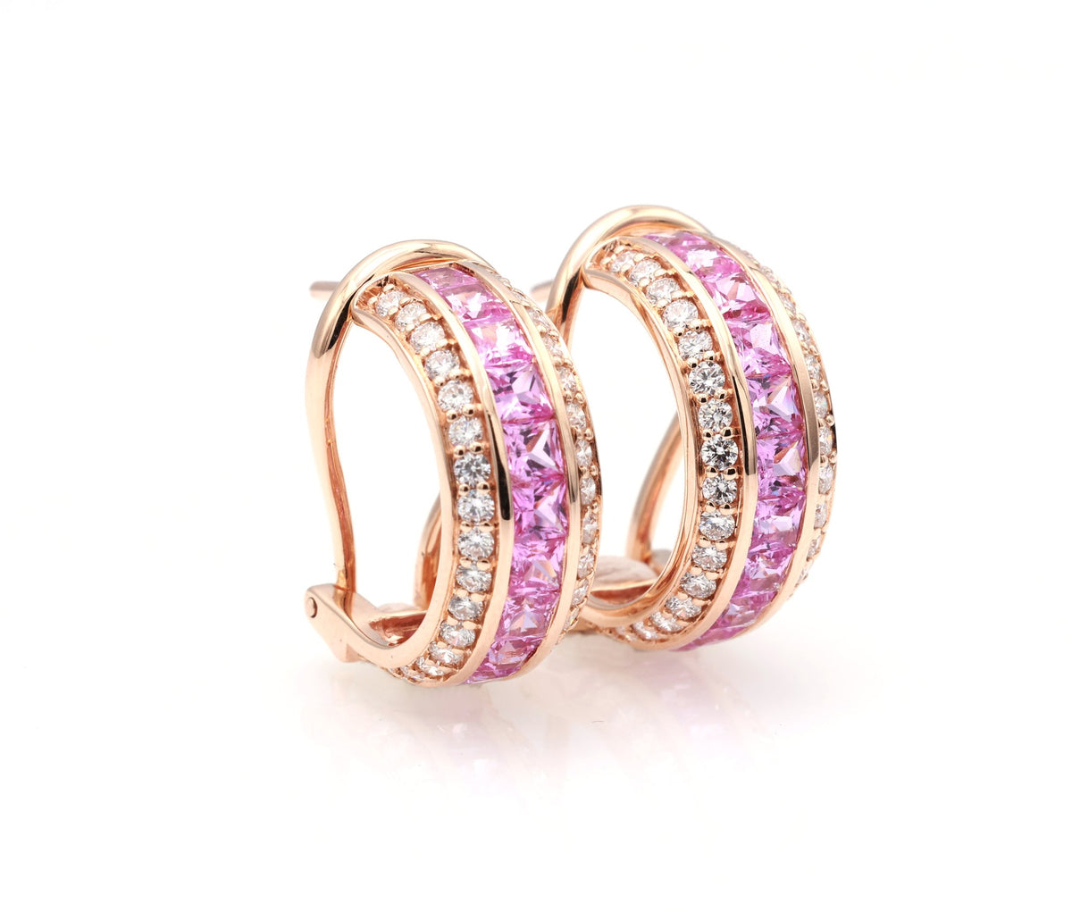 Pink Sapphire Channel Huggie Earrings in 18K rose gold — view 2