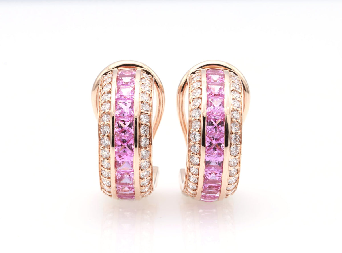 Pink Sapphire Channel Huggie Earrings in 18K rose gold — view 3
