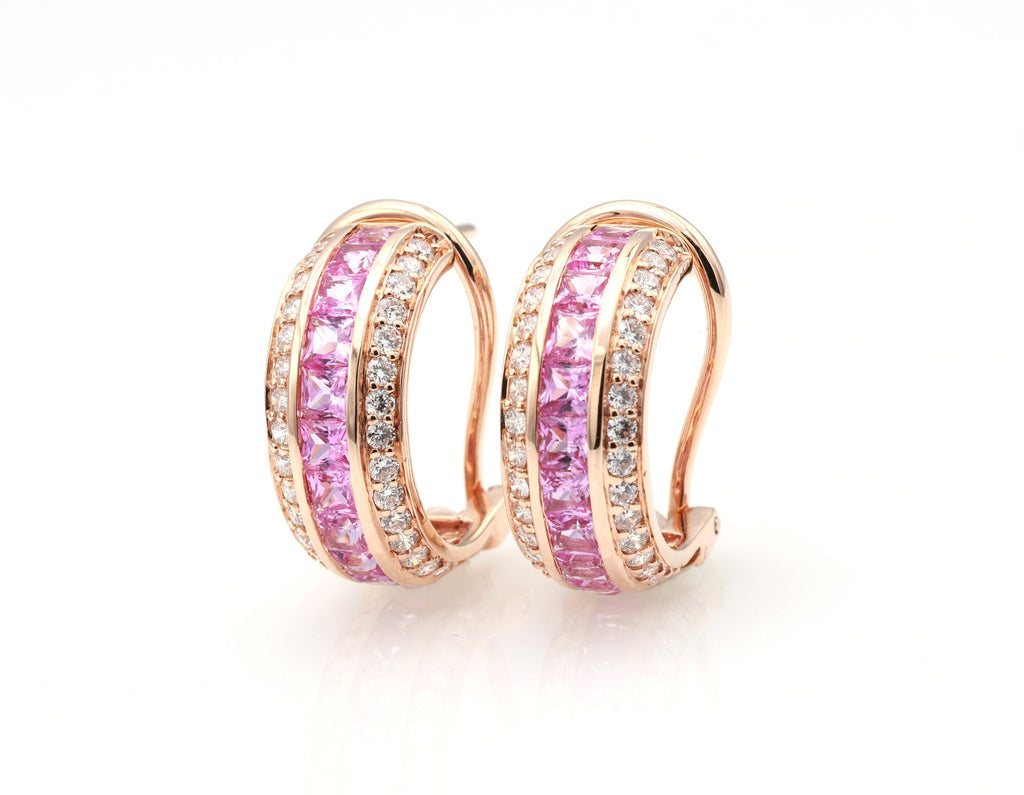 Pink Sapphire Channel Huggie Earrings in 18K rose gold — view 4