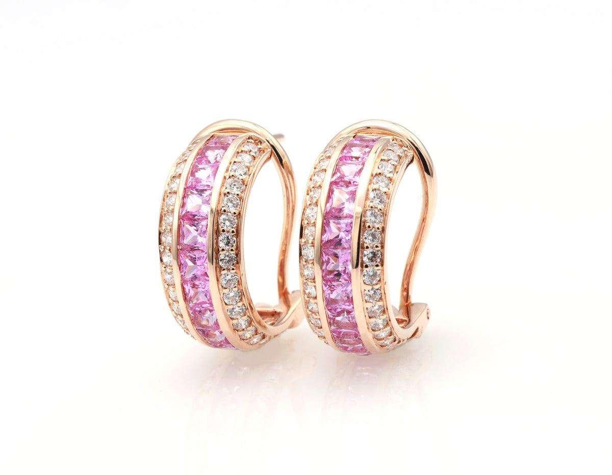Pink Sapphire Channel Huggie Earrings in 18K rose gold — view 4