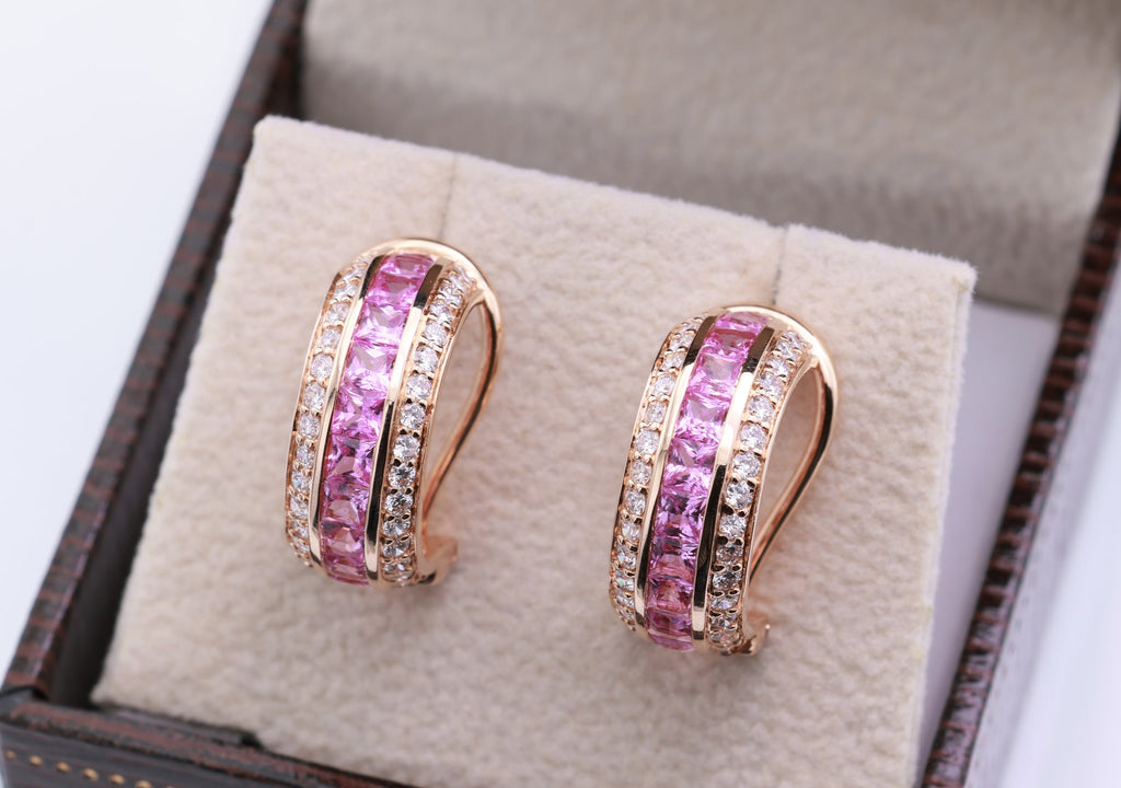 Pink Sapphire Channel Huggie Earrings in 18K rose gold — view 5