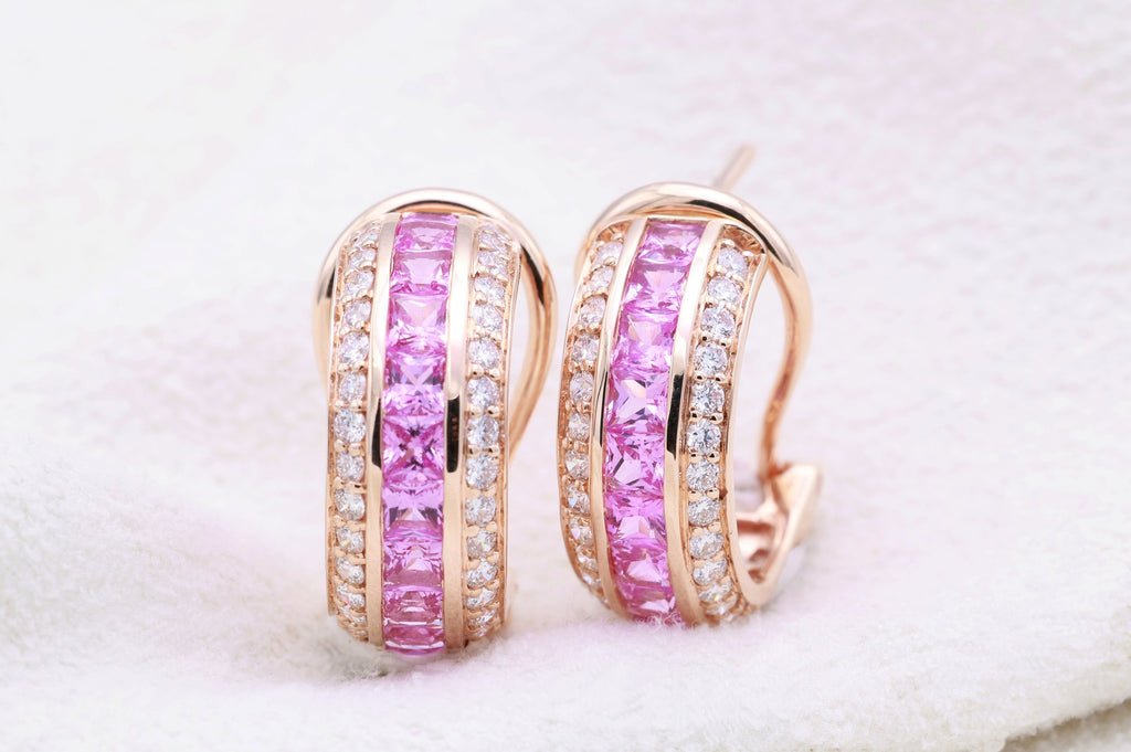 Pink Sapphire Channel Huggie Earrings in 18K rose gold — view 8