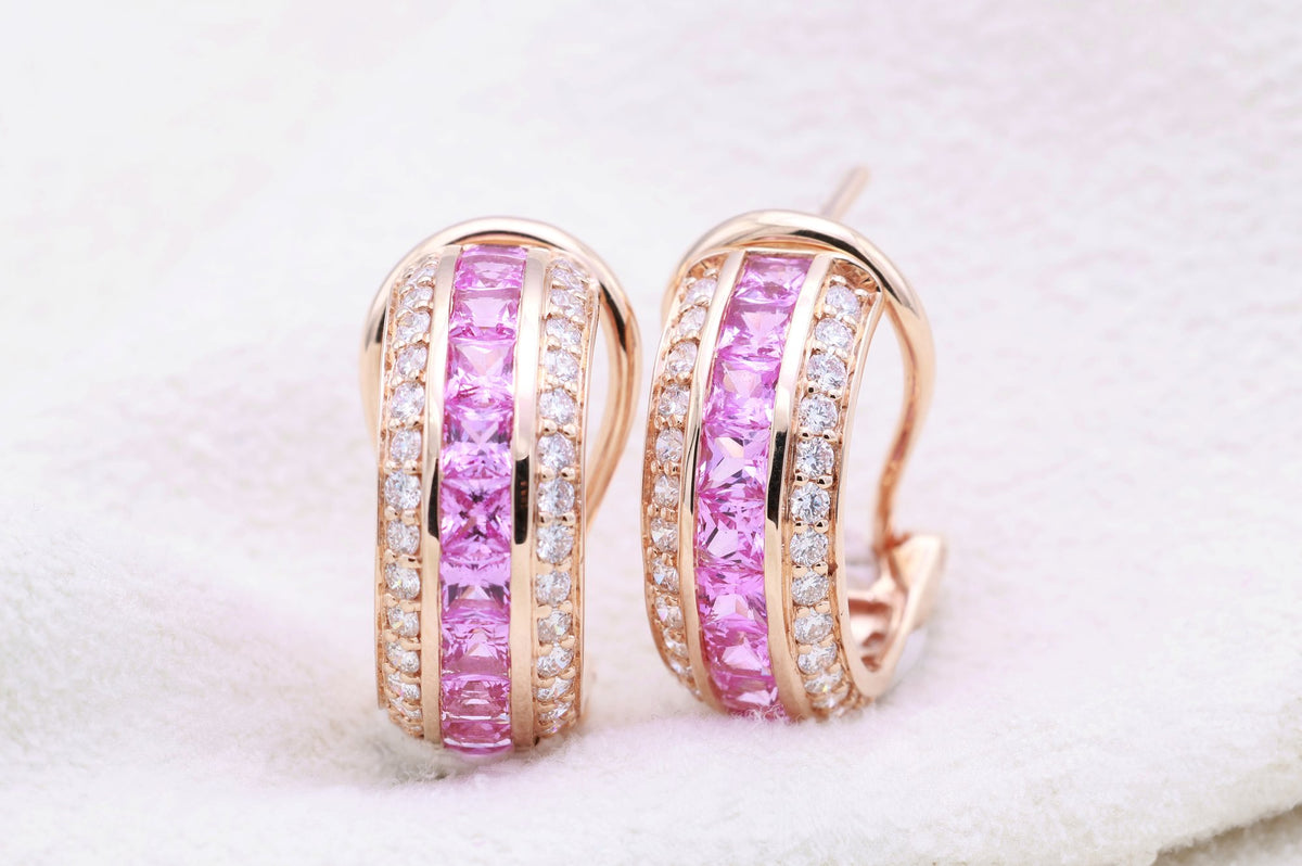 Pink Sapphire Channel Huggie Earrings in 18K rose gold — view 8