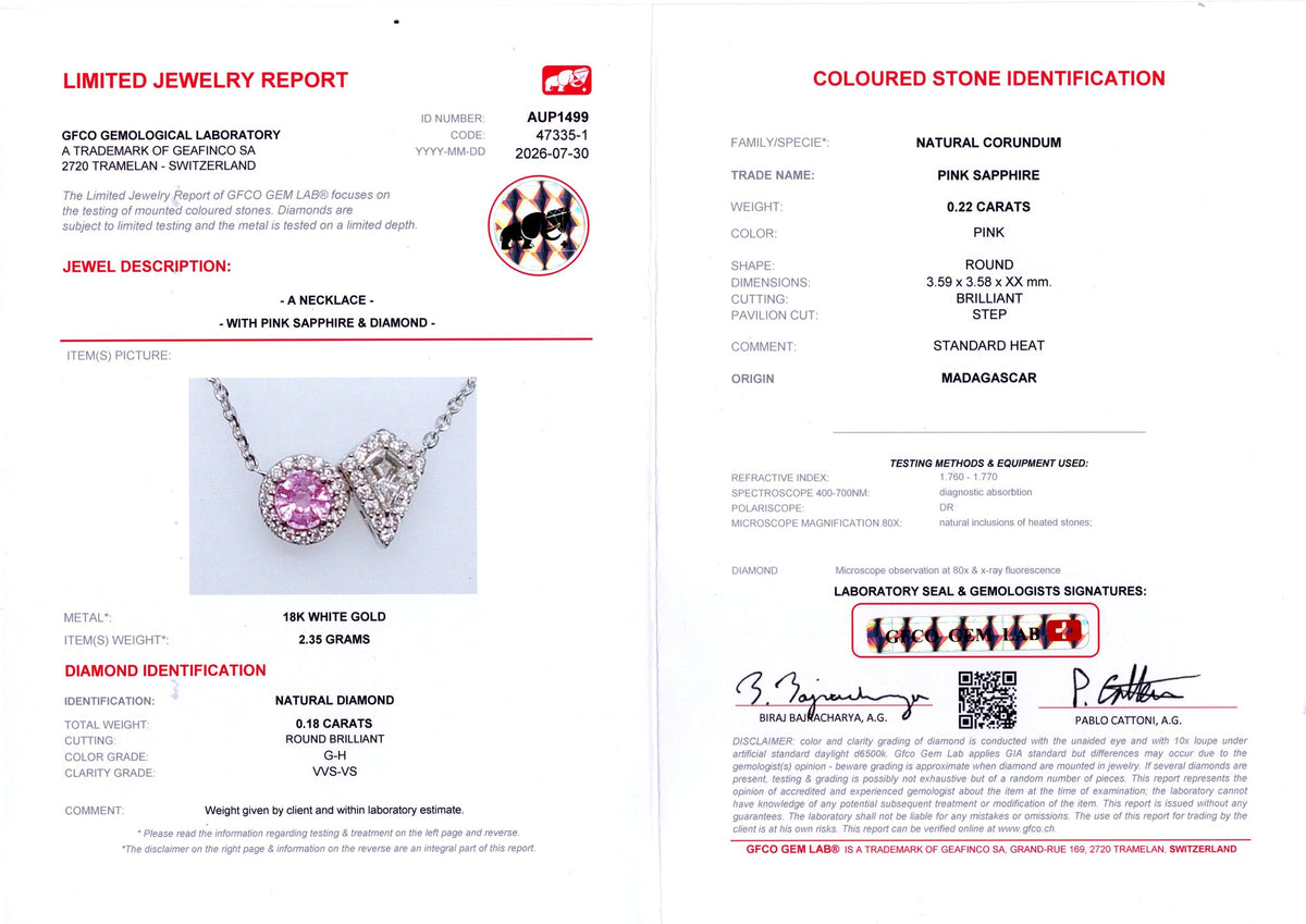 Pink Sapphire & Kite Diamond Toi et Moi Pendant — GFCO laboratory report