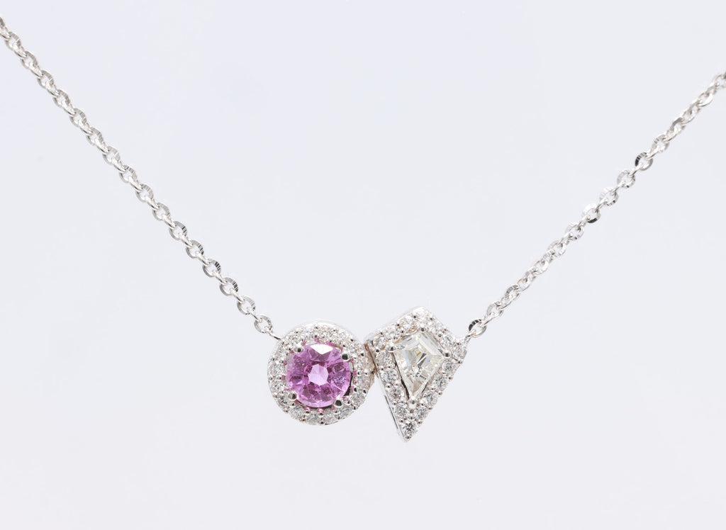 Pink Sapphire & Kite Diamond Toi et Moi Pendant in 18K white gold — view 2