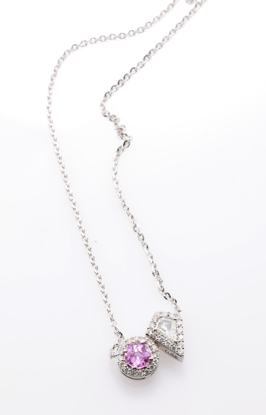 Pink Sapphire & Kite Diamond Toi et Moi Pendant in 18K white gold — view 4