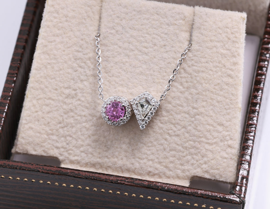 Pink Sapphire & Kite Diamond Toi et Moi Pendant in 18K white gold — view 5