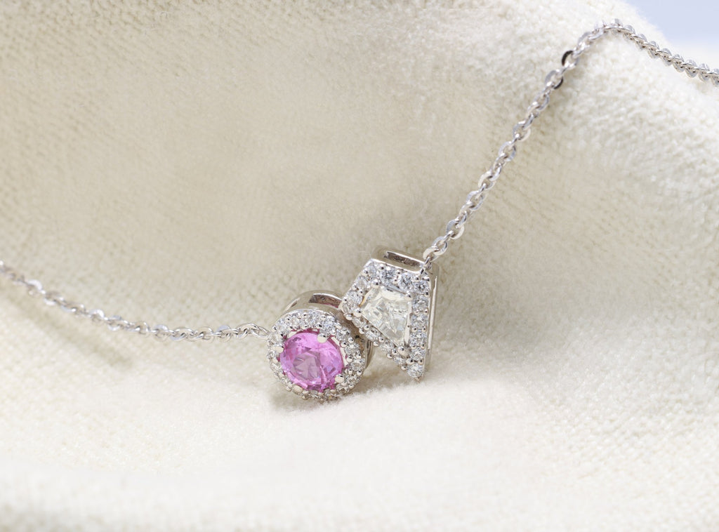 Pink Sapphire & Kite Diamond Toi et Moi Pendant in 18K white gold — view 7
