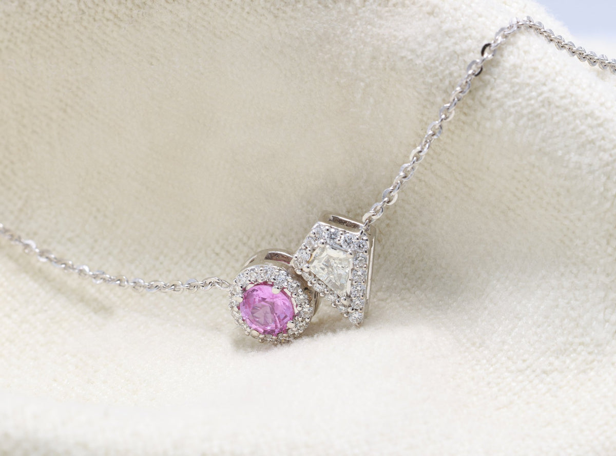 Pink Sapphire & Kite Diamond Toi et Moi Pendant in 18K white gold — view 7