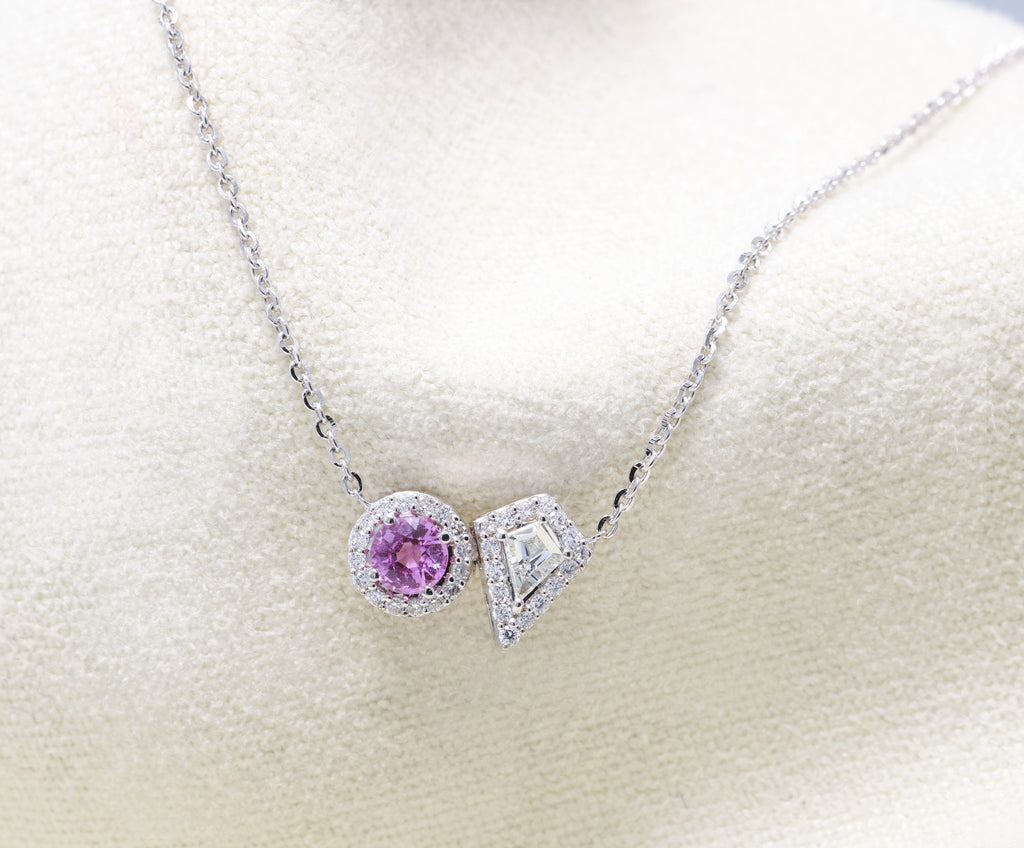 Pink Sapphire & Kite Diamond Toi et Moi Pendant in 18K white gold — view 8