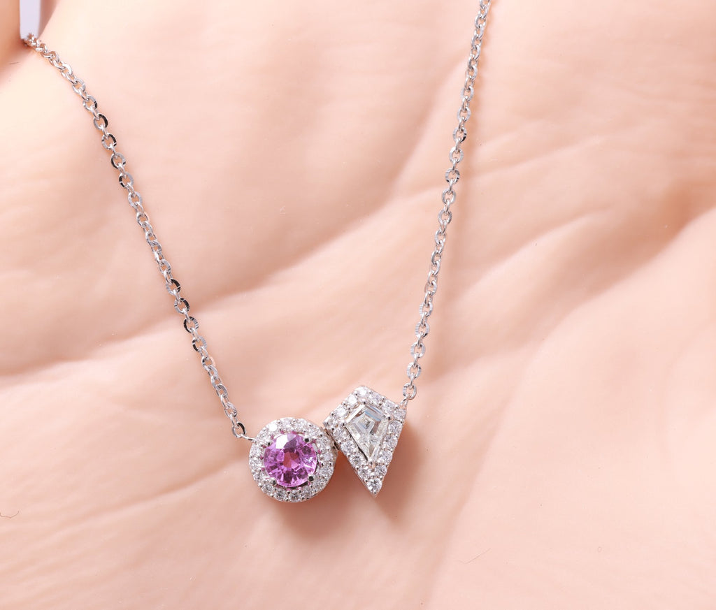 Pink Sapphire & Kite Diamond Toi et Moi Pendant in 18K white gold — view 10