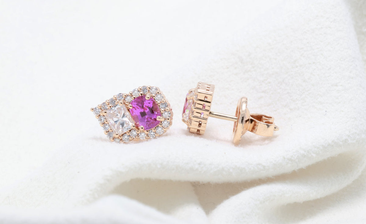 Pink Sapphire & Radiant Diamond Earrings in 18K rose gold — view 3